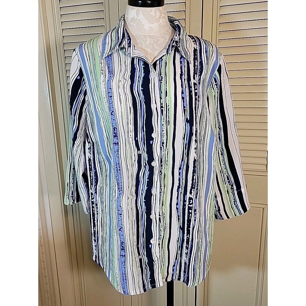 Vtg Kim Rogers Woman Top~Button Up~Striped~¾ Sleeves~Sz 20W~Shoulder Pads~EUC